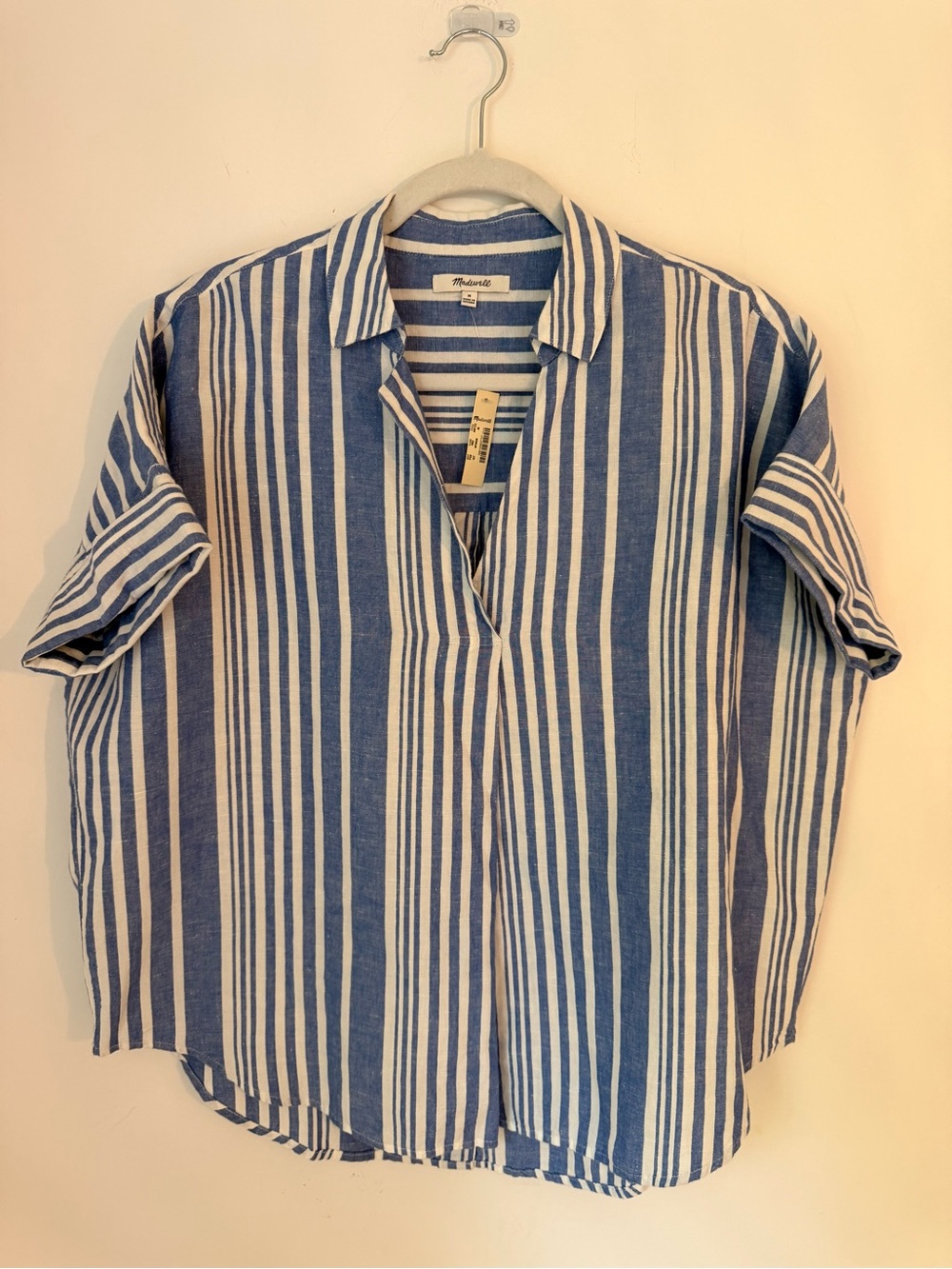 Madewell Linen Cotton Blend Blue White Striped Blouse M NWT V Neck Oversized
